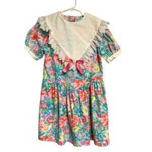 Vtg. 80s LA Touch Girls Dress Short Sleeve Eyelet Ruffle Colorful Floral Size 10